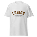 Unisex heather gray t-shirt featuring Lehigh University logo printed across the front chest