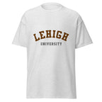 Unisex heather gray t-shirt featuring Lehigh University logo printed across the front chest