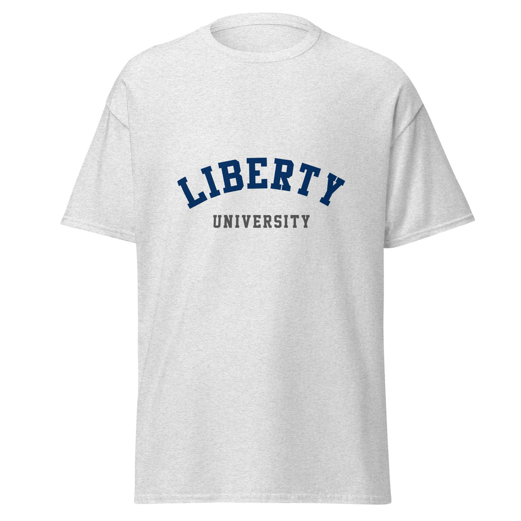 Unisex heather gray t-shirt featuring Liberty University logo printed across the front chest