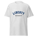 Unisex heather gray t-shirt featuring Liberty University logo printed across the front chest