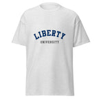 Unisex heather gray t-shirt featuring Liberty University logo printed across the front chest