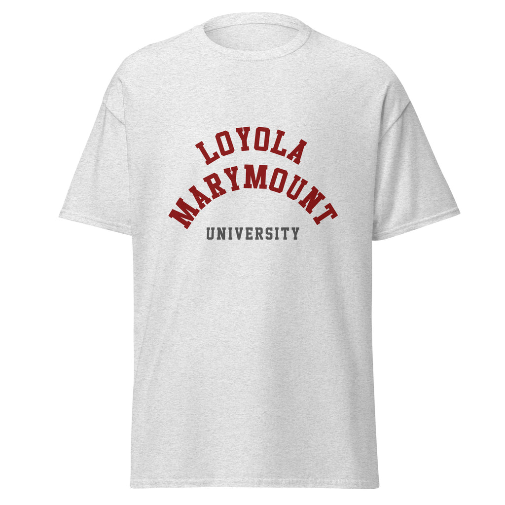 Unisex heather gray t-shirt featuring Loyola Marymount University logo printed across the front chest