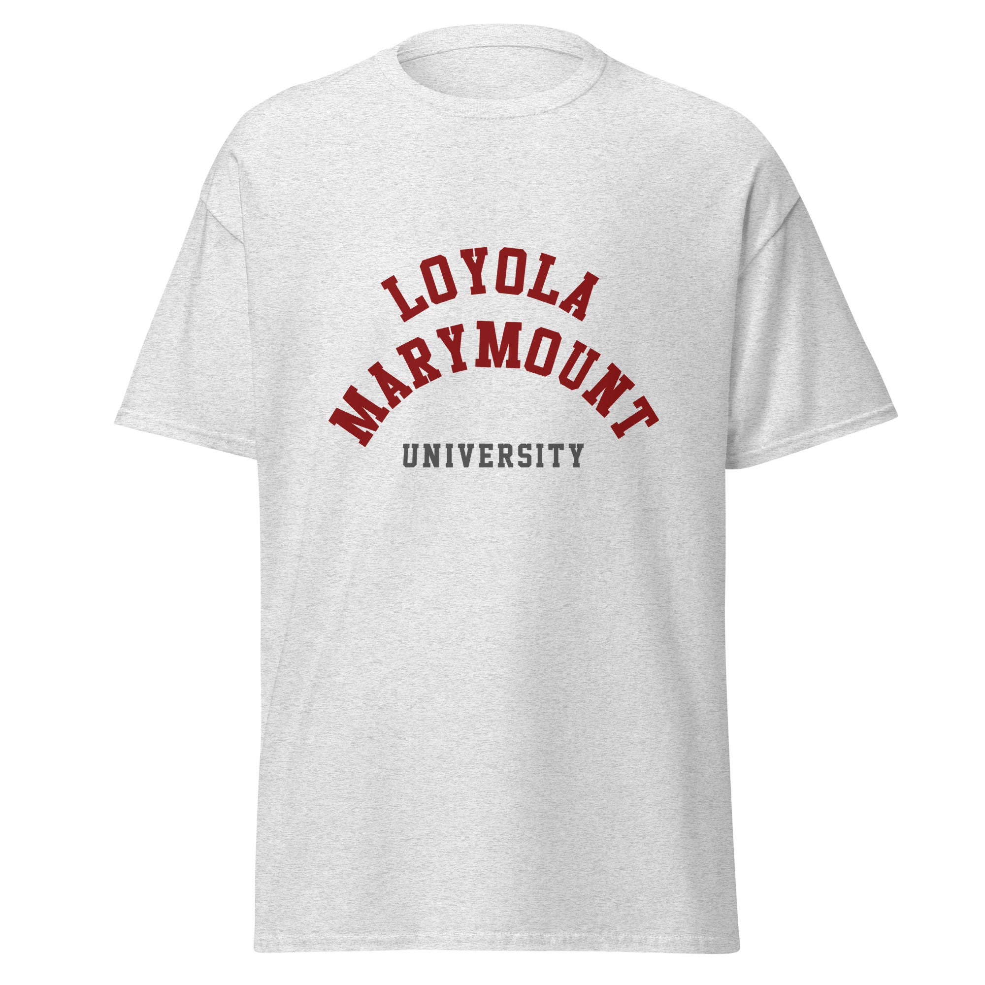 Unisex heather gray t-shirt featuring Loyola Marymount University logo printed across the front chest