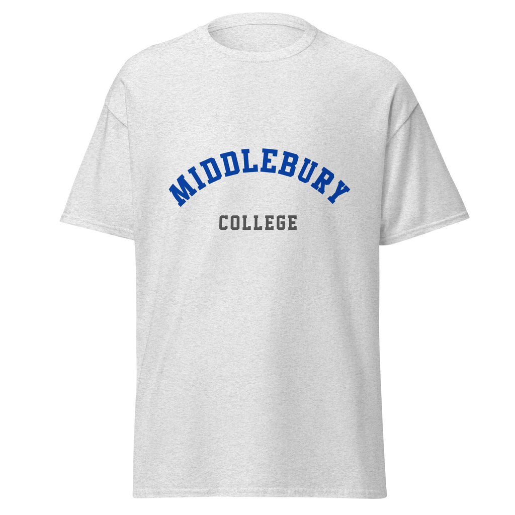 Unisex heather gray t-shirt featuring Middlebury College logo printed across the front chest
