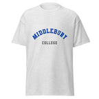 Unisex heather gray t-shirt featuring Middlebury College logo printed across the front chest