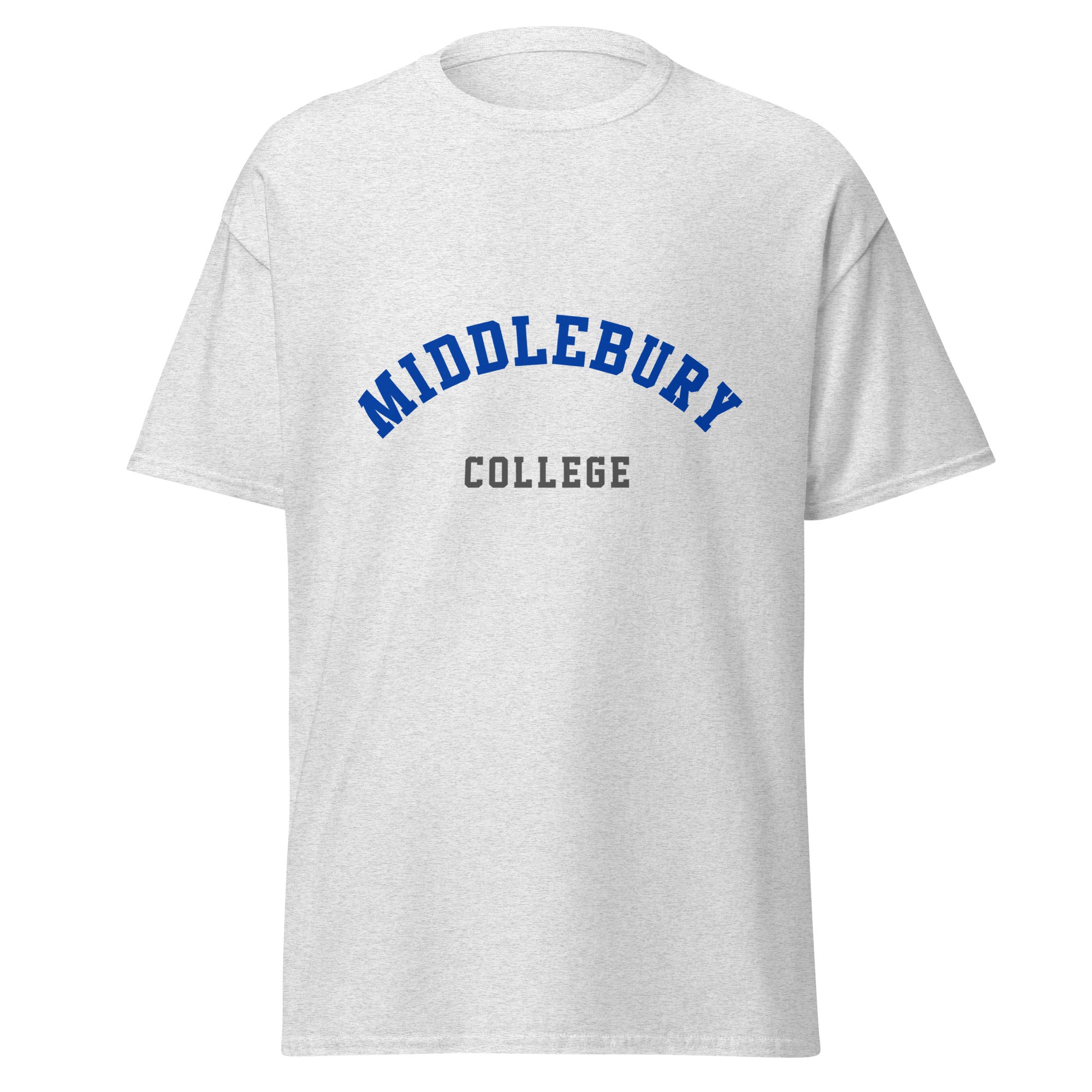 Unisex heather gray t-shirt featuring Middlebury College logo printed across the front chest