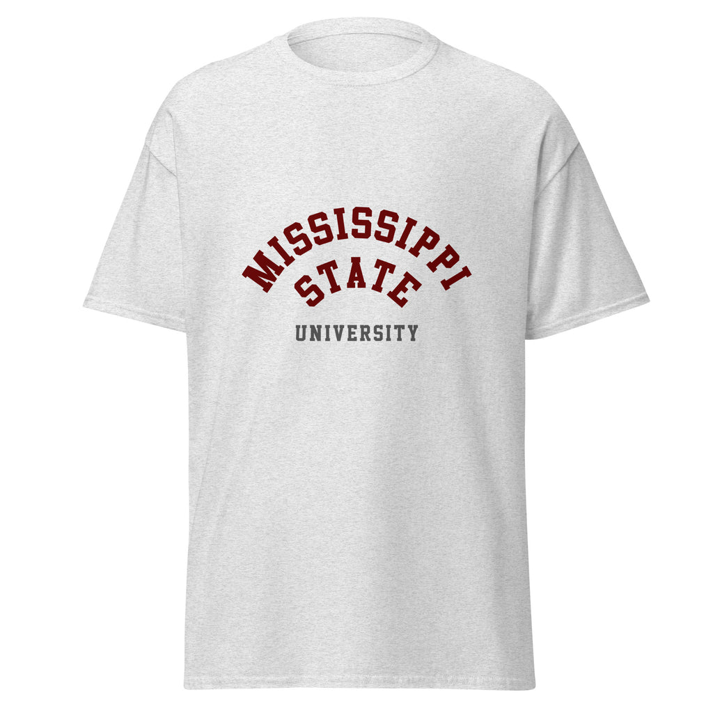 Unisex heather gray t-shirt featuring Mississippi State University logo printed across the front chest