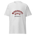 Unisex heather gray t-shirt featuring Mississippi State University logo printed across the front chest