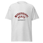 Unisex heather gray t-shirt featuring Mississippi State University logo printed across the front chest