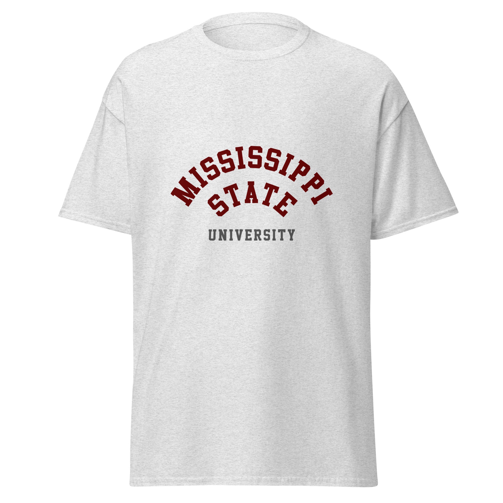 Unisex heather gray t-shirt featuring Mississippi State University logo printed across the front chest
