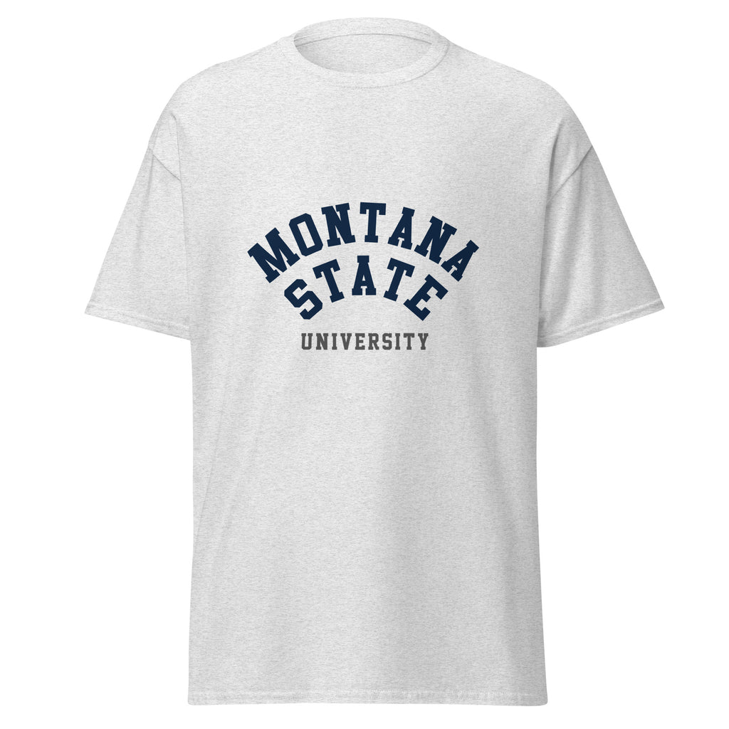 Unisex heather gray t-shirt featuring Montana State University logo printed across the front chest