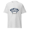 Unisex heather gray t-shirt featuring Montana State University logo printed across the front chest