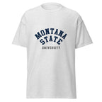 Unisex heather gray t-shirt featuring Montana State University logo printed across the front chest