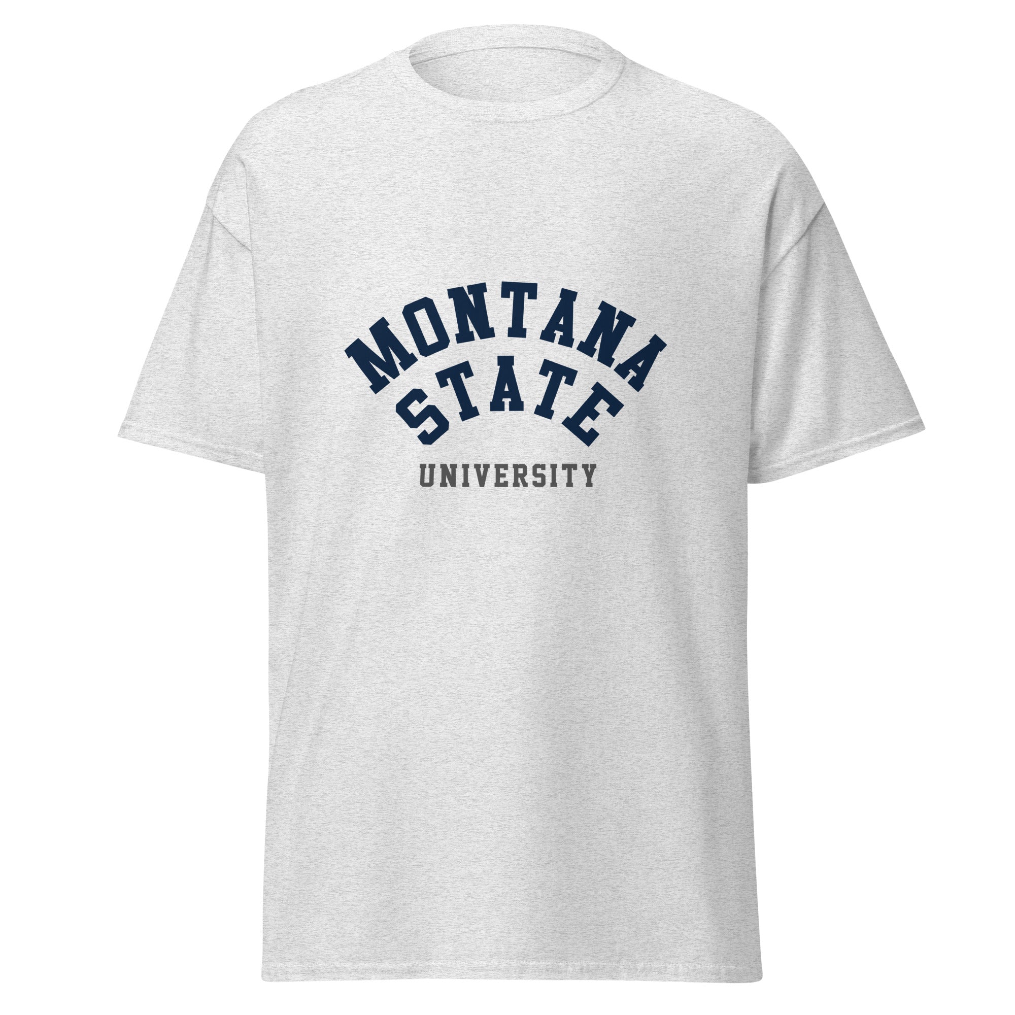 Unisex heather gray t-shirt featuring Montana State University logo printed across the front chest