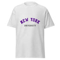 Unisex heather gray t-shirt featuring New York University logo printed across the front chest