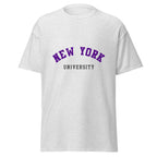 Unisex heather gray t-shirt featuring New York University logo printed across the front chest