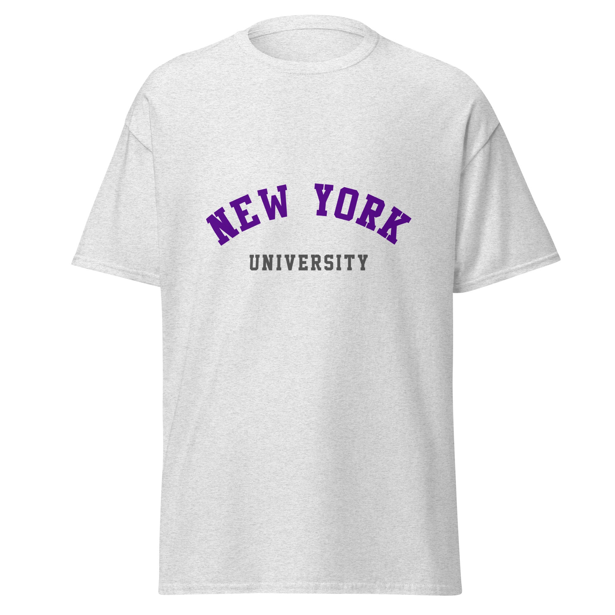Unisex heather gray t-shirt featuring New York University logo printed across the front chest