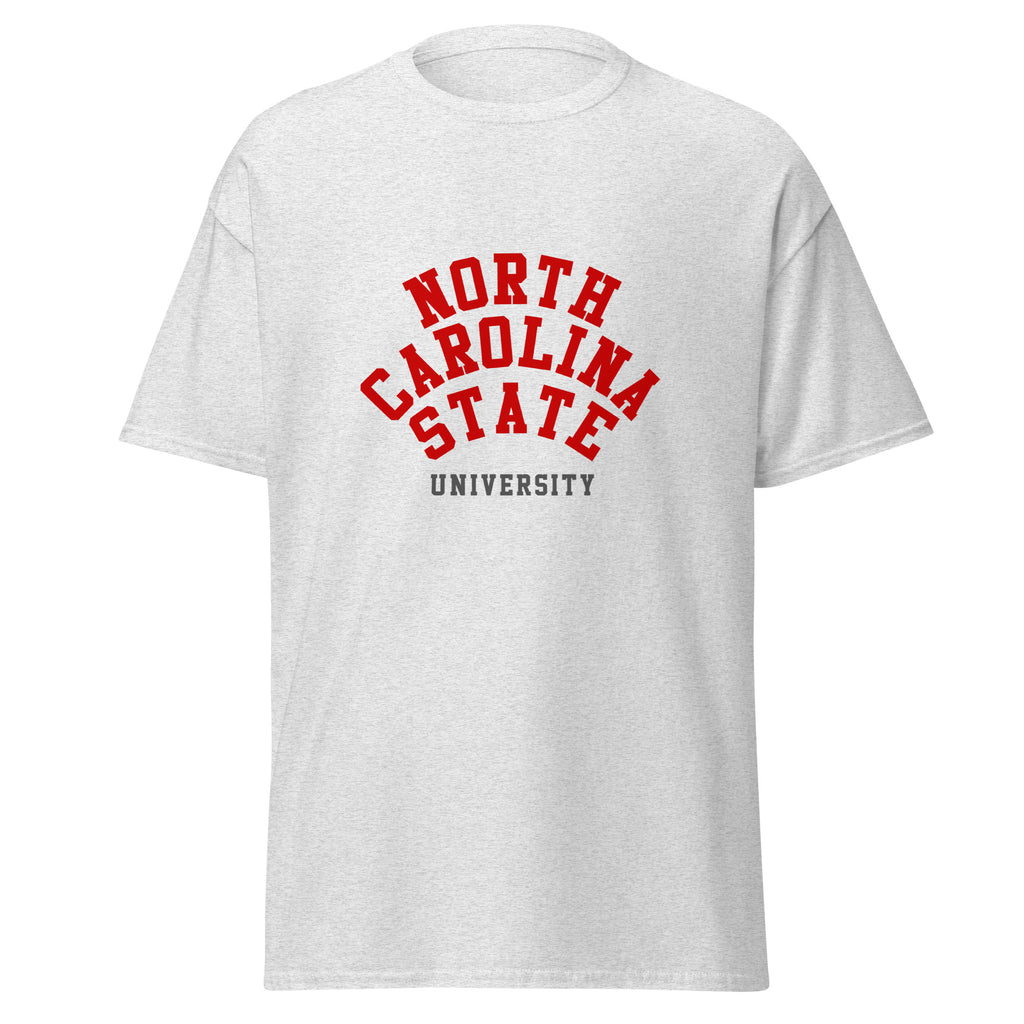 Unisex heather gray t-shirt featuring North Carolina State University logo printed across the front chest