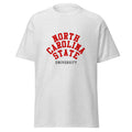 Unisex heather gray t-shirt featuring North Carolina State University logo printed across the front chest