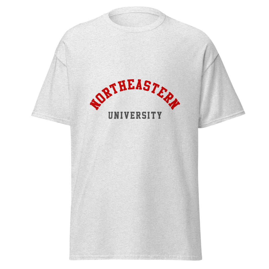 Unisex heather gray t-shirt featuring Northeastern University logo printed across the front chest