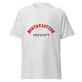 Unisex heather gray t-shirt featuring Northeastern University logo printed across the front chest