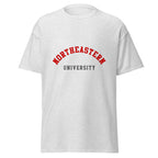 Unisex heather gray t-shirt featuring Northeastern University logo printed across the front chest