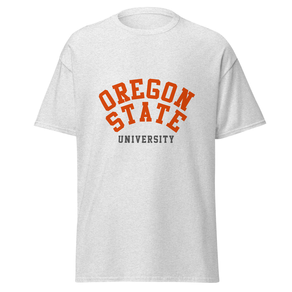 Unisex heather gray t-shirt featuring Oregon State University logo printed across the front chest