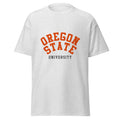 Unisex heather gray t-shirt featuring Oregon State University logo printed across the front chest