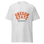 Unisex heather gray t-shirt featuring Oregon State University logo printed across the front chest
