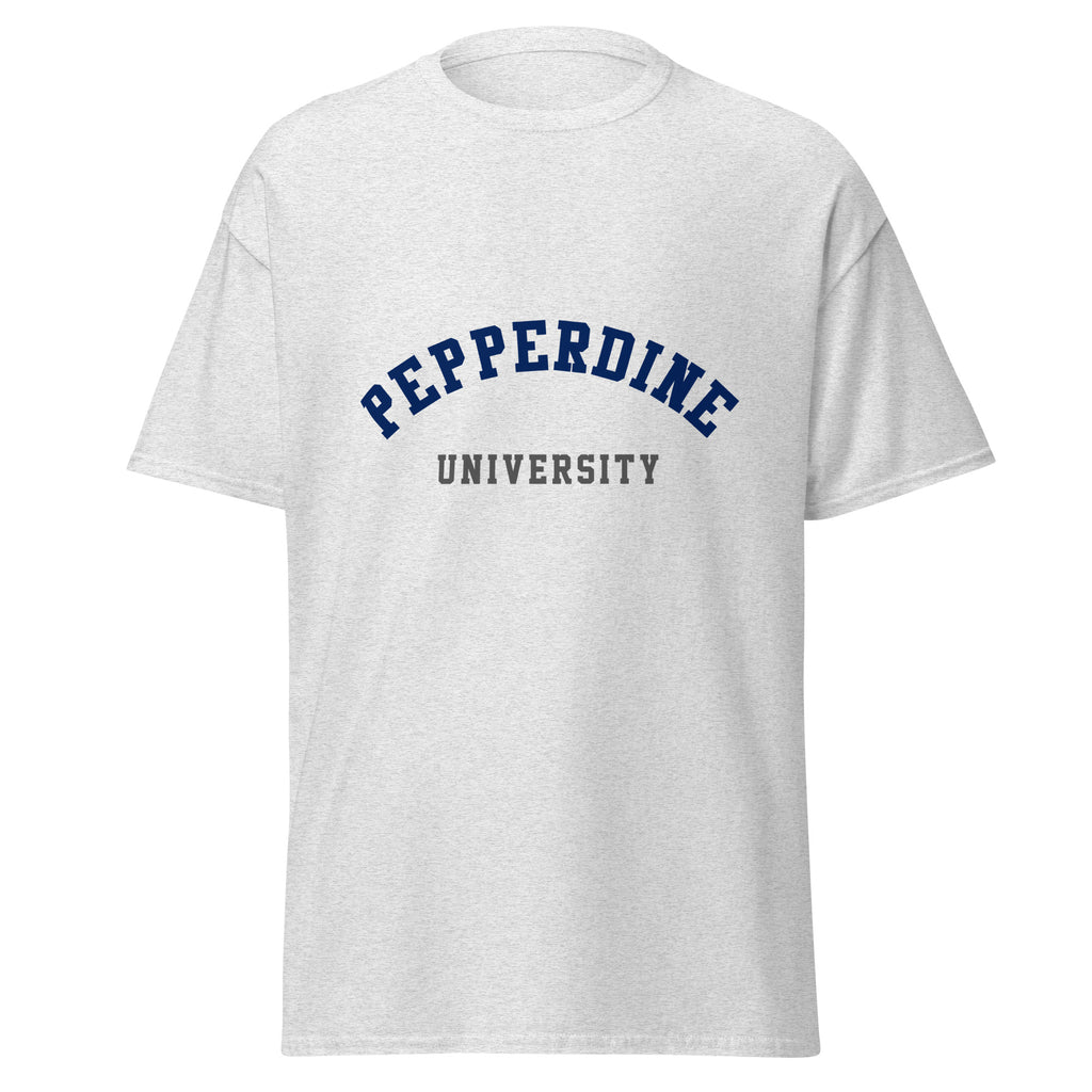 Unisex heather gray t-shirt featuring Pepperdine University logo printed across the front chest
