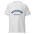 Unisex heather gray t-shirt featuring Pepperdine University logo printed across the front chest