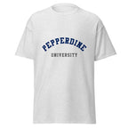 Unisex heather gray t-shirt featuring Pepperdine University logo printed across the front chest