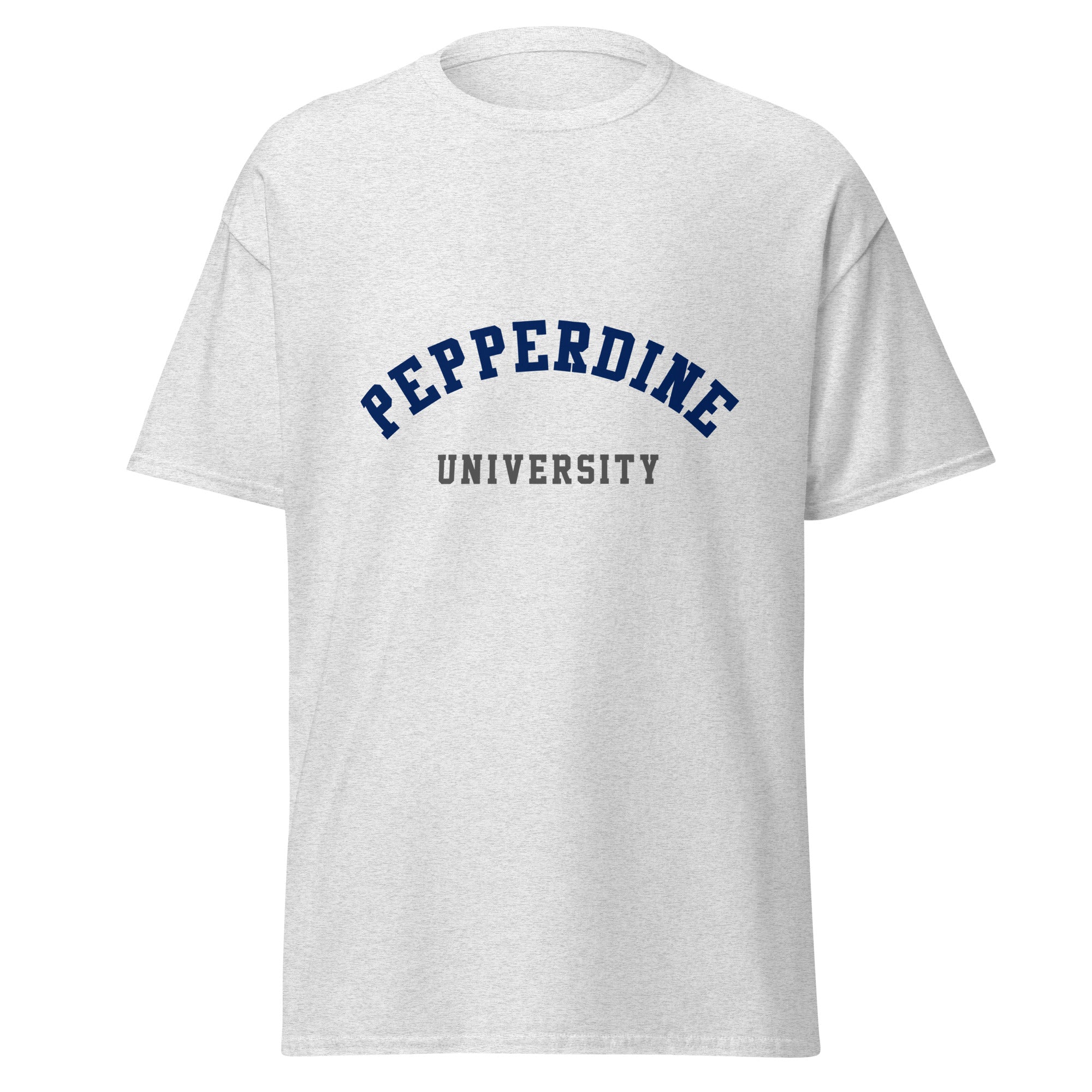 Unisex heather gray t-shirt featuring Pepperdine University logo printed across the front chest