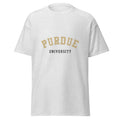 Unisex heather gray t-shirt featuring Purdue University logo printed across the front chest