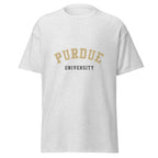 Unisex heather gray t-shirt featuring Purdue University logo printed across the front chest