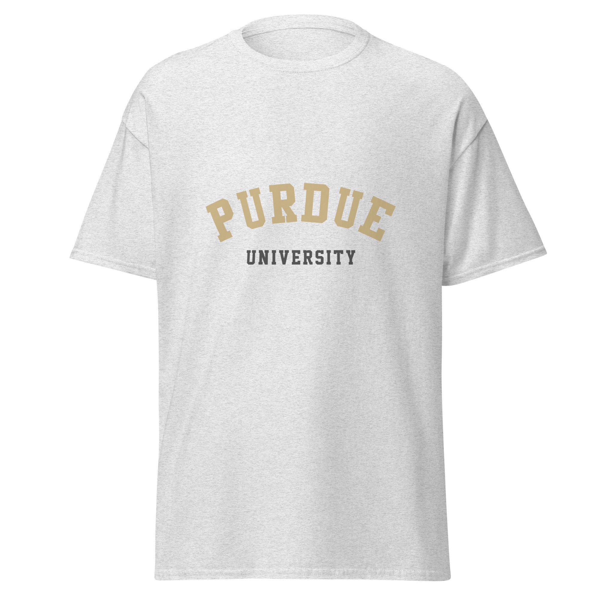 Unisex heather gray t-shirt featuring Purdue University logo printed across the front chest