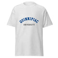 Unisex heather gray t-shirt featuring Quinnipiac University logo printed across the front chest