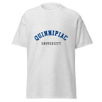 Unisex heather gray t-shirt featuring Quinnipiac University logo printed across the front chest