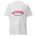 Unisex heather gray t-shirt featuring Rutgers University logo printed across the front chest