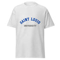 Unisex heather gray t-shirt featuring Saint Louis University logo printed across the front chest