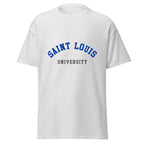 Unisex heather gray t-shirt featuring Saint Louis University logo printed across the front chest