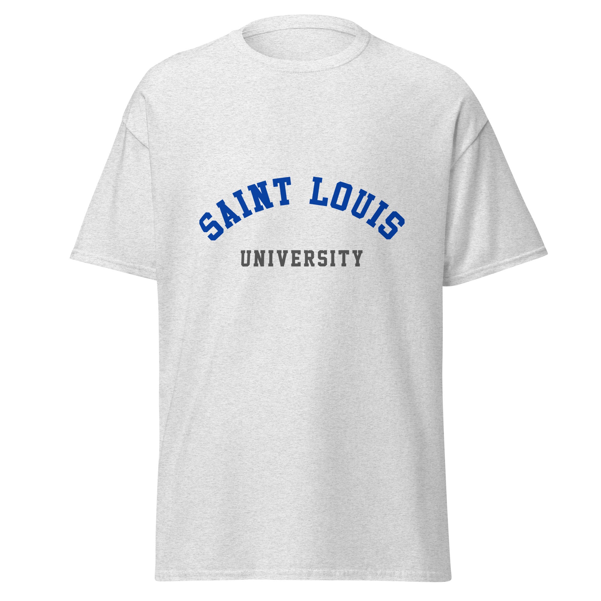Unisex heather gray t-shirt featuring Saint Louis University logo printed across the front chest