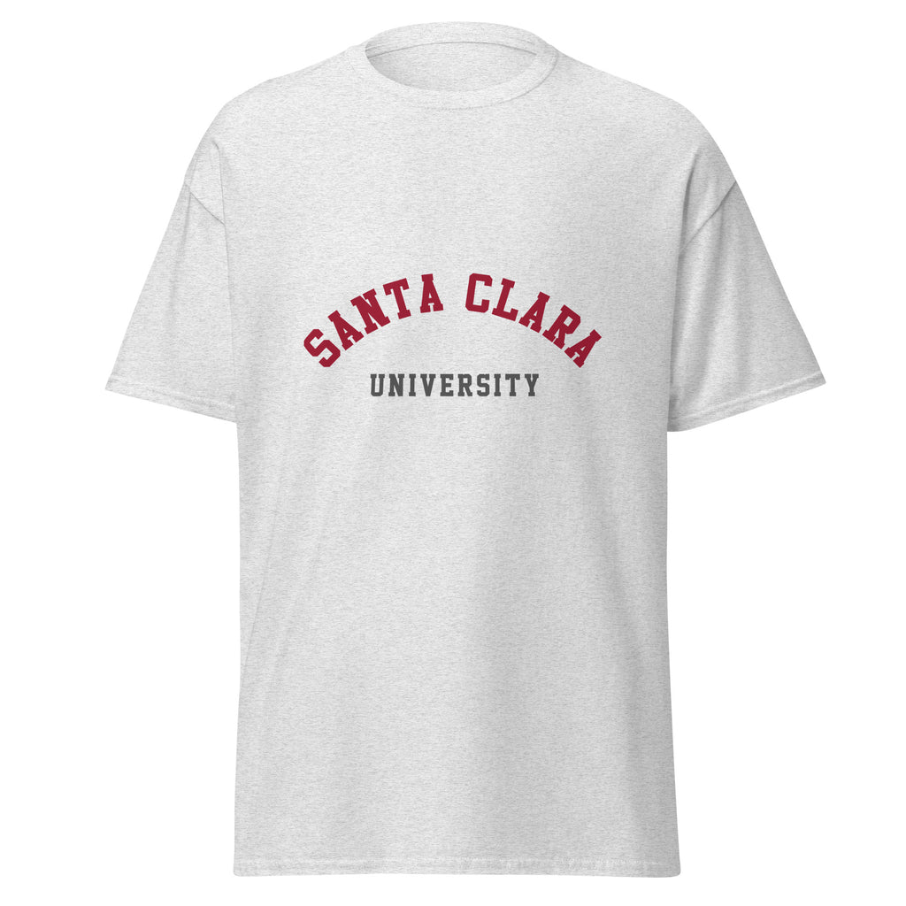 Unisex heather gray t-shirt featuring Santa Clara University logo printed across the front chest