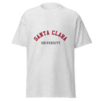 Unisex heather gray t-shirt featuring Santa Clara University logo printed across the front chest