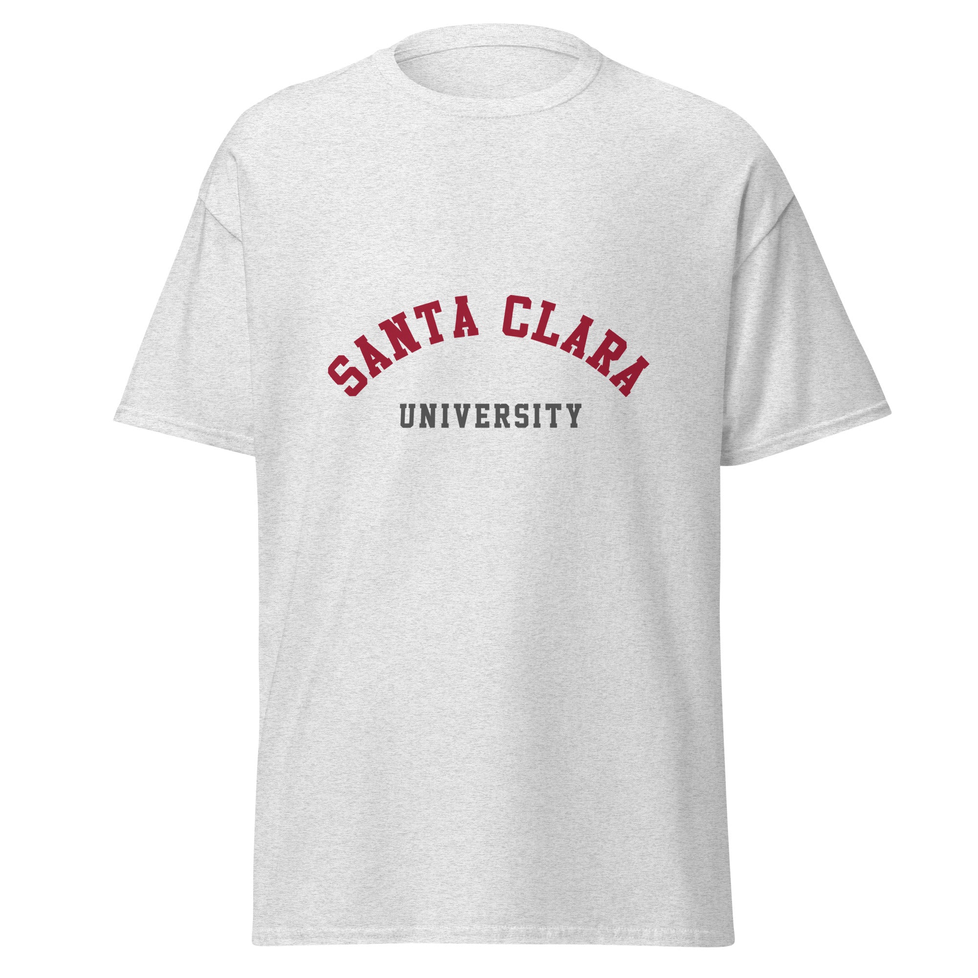 Unisex heather gray t-shirt featuring Santa Clara University logo printed across the front chest