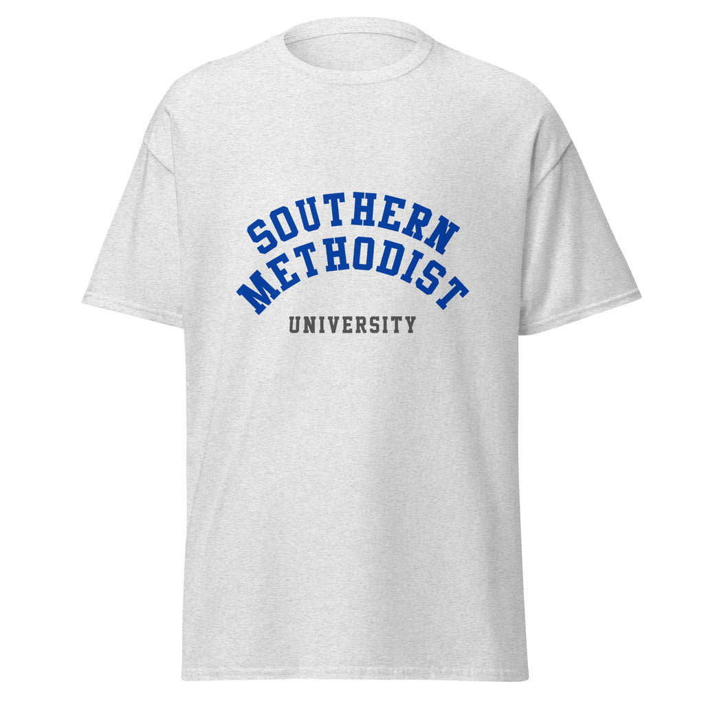 Unisex heather gray t-shirt featuring Southern Methodist University logo printed across the front chest
