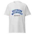 Unisex heather gray t-shirt featuring Southern Methodist University logo printed across the front chest