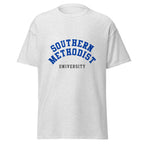 Unisex heather gray t-shirt featuring Southern Methodist University logo printed across the front chest