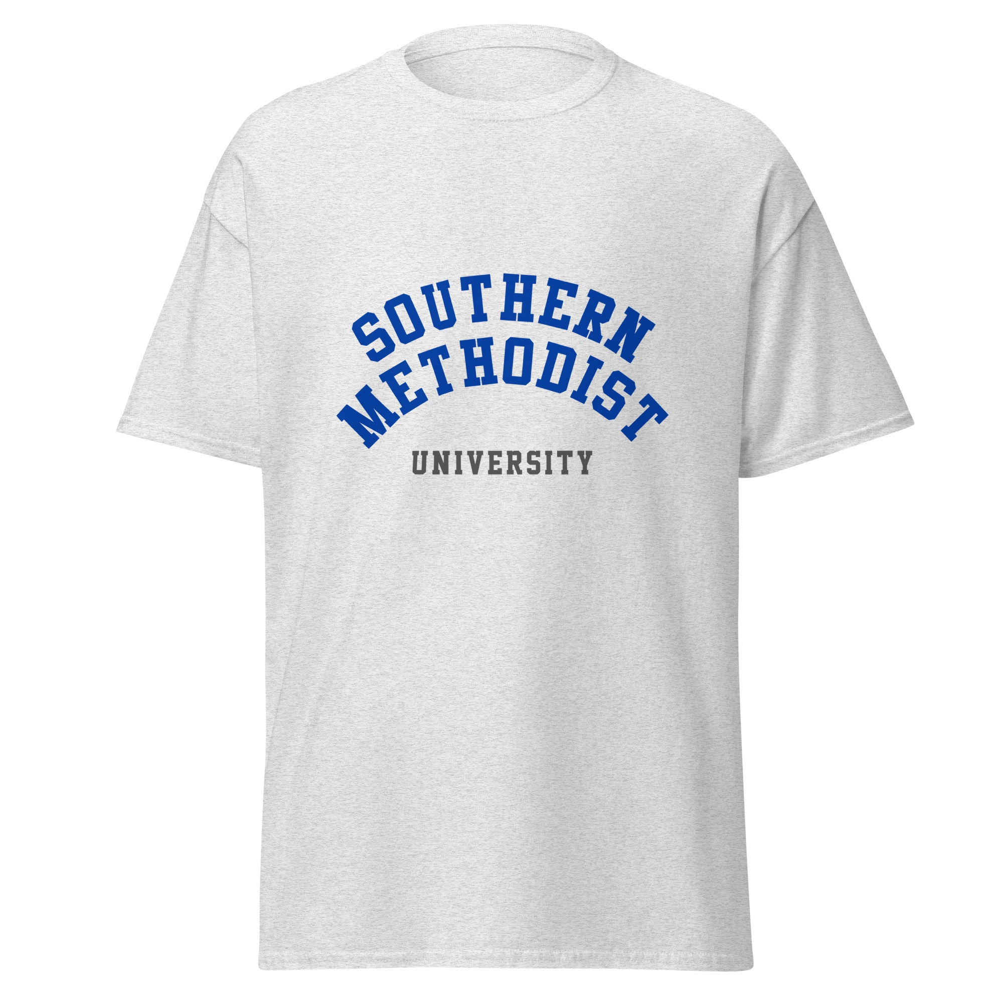 Unisex heather gray t-shirt featuring Southern Methodist University logo printed across the front chest
