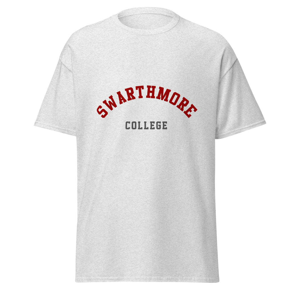 Unisex heather gray t-shirt featuring Swarthmore College logo printed across the front chest